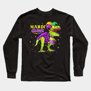 Mardi Grawr T-Rex Dino Toddler Kids Mardi Gras Long Sleeve T-Shirt